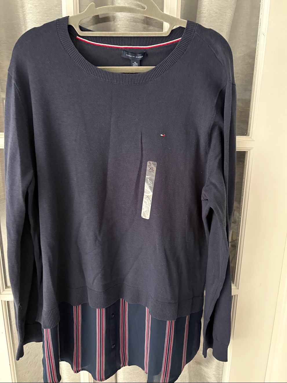 Tommy Hilfiger Navy Layered Knit Top With Striped Hem Detail